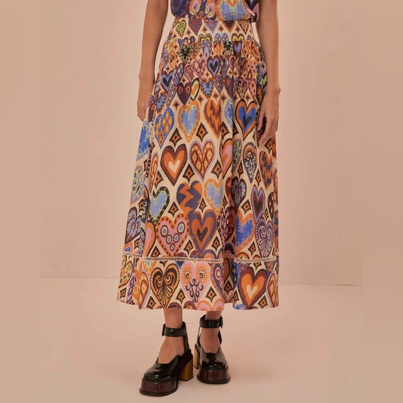 NWT Farm Rio Cream Hearts Ikat Midi Skirt - Picture 1 of 7